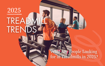 Orange promotional banner titled ‘2025 Treadmill Trends’ showing people running on treadmills in a gym, with overlay text asking what people are looking for in treadmills in 2025.