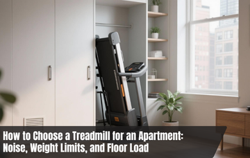 Compact treadmill in an apartment living space showing considerations for noise, weight limits, and floor load