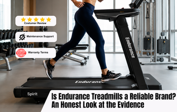 Person running on an Endurance treadmill with review, maintenance support, and warranty labels highlighting brand reliability.
