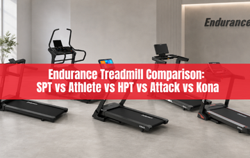 Five Endurance treadmills displayed in a modern gym showroom featuring different models with sleek black designs and advanced console displays