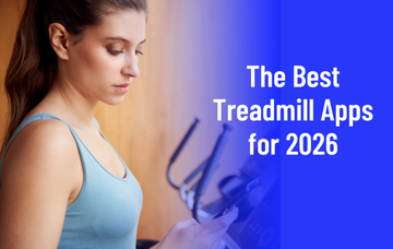 Promotional graphic featuring a woman on a treadmill looking down at her smartphone, with a blue gradient overlay on the right displaying the text "The Best Treadmill Apps for 2026".