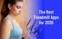Promotional graphic featuring a woman on a treadmill looking down at her smartphone, with a blue gradient overlay on the right displaying the text 