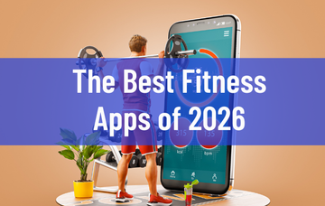 A promotional fitness banner showing a person using a treadmill while facing a large smartphone displaying fitness app interface, with the headline ‘The Best Fitness Apps of 2026’ overlaid on a blue strip.