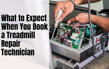 Treadmill repair technician inspecting the internal motor and circuit board components during a service appointment