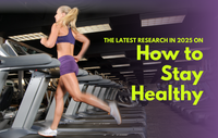 Fitness promotional banner showing a woman running on a treadmill in a gym, with overlay text reading ‘The latest research in 2025 on How to Stay Healthy’ on a purple gradient background.