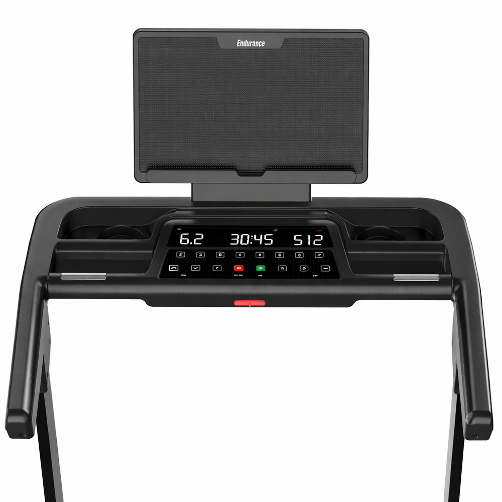 Endurance SPT treadmill console with digital display, speakers, and control buttons in black finish.