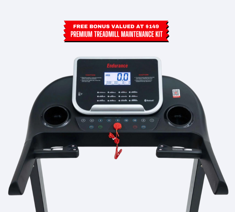 Close-up view of the Endurance Predator Treadmill user interface and control panel and with Premium Treadmill Maintenance Kit