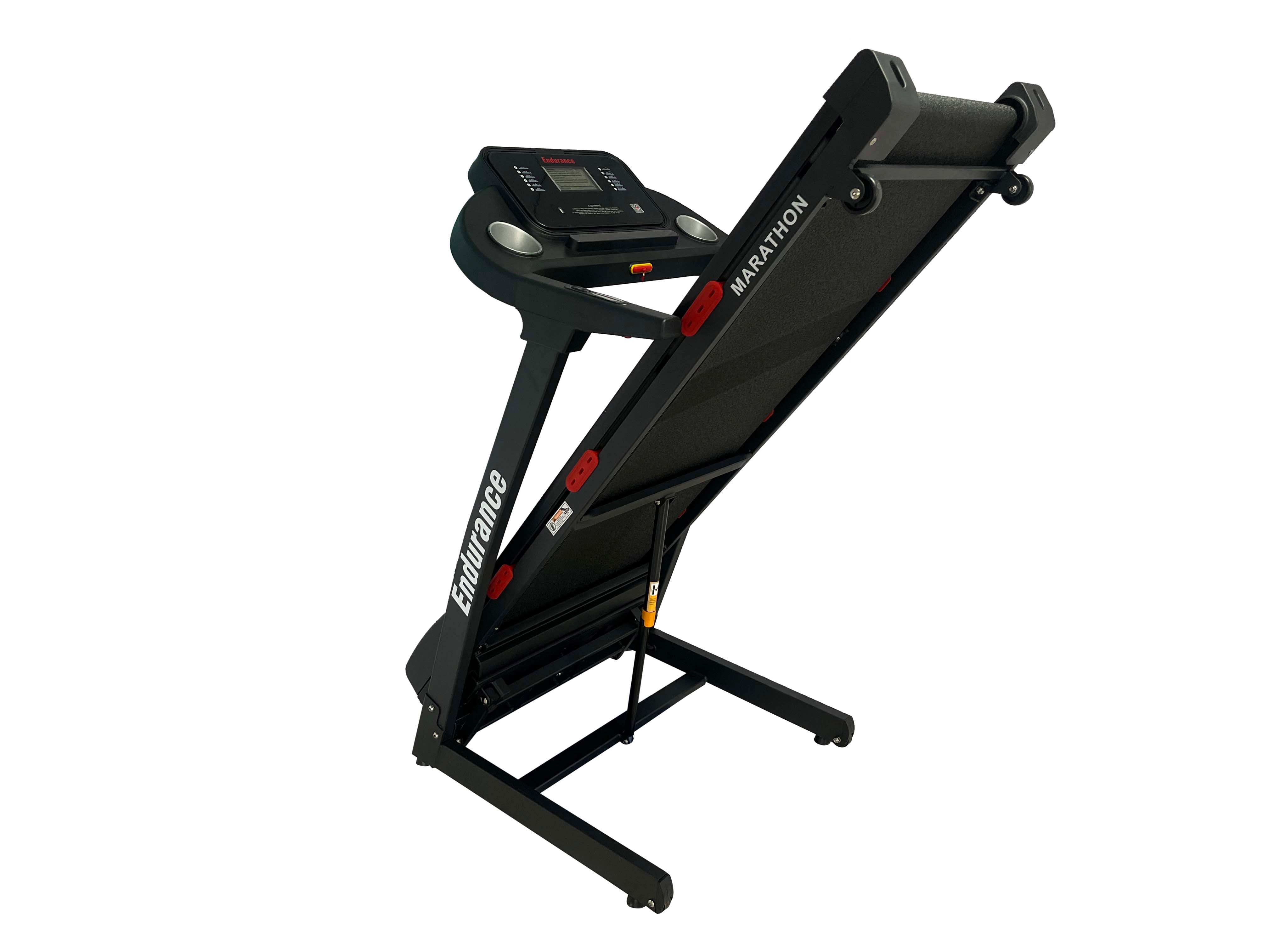 Side view image of the Endurance Marathon Treadmill  in a folded standing position