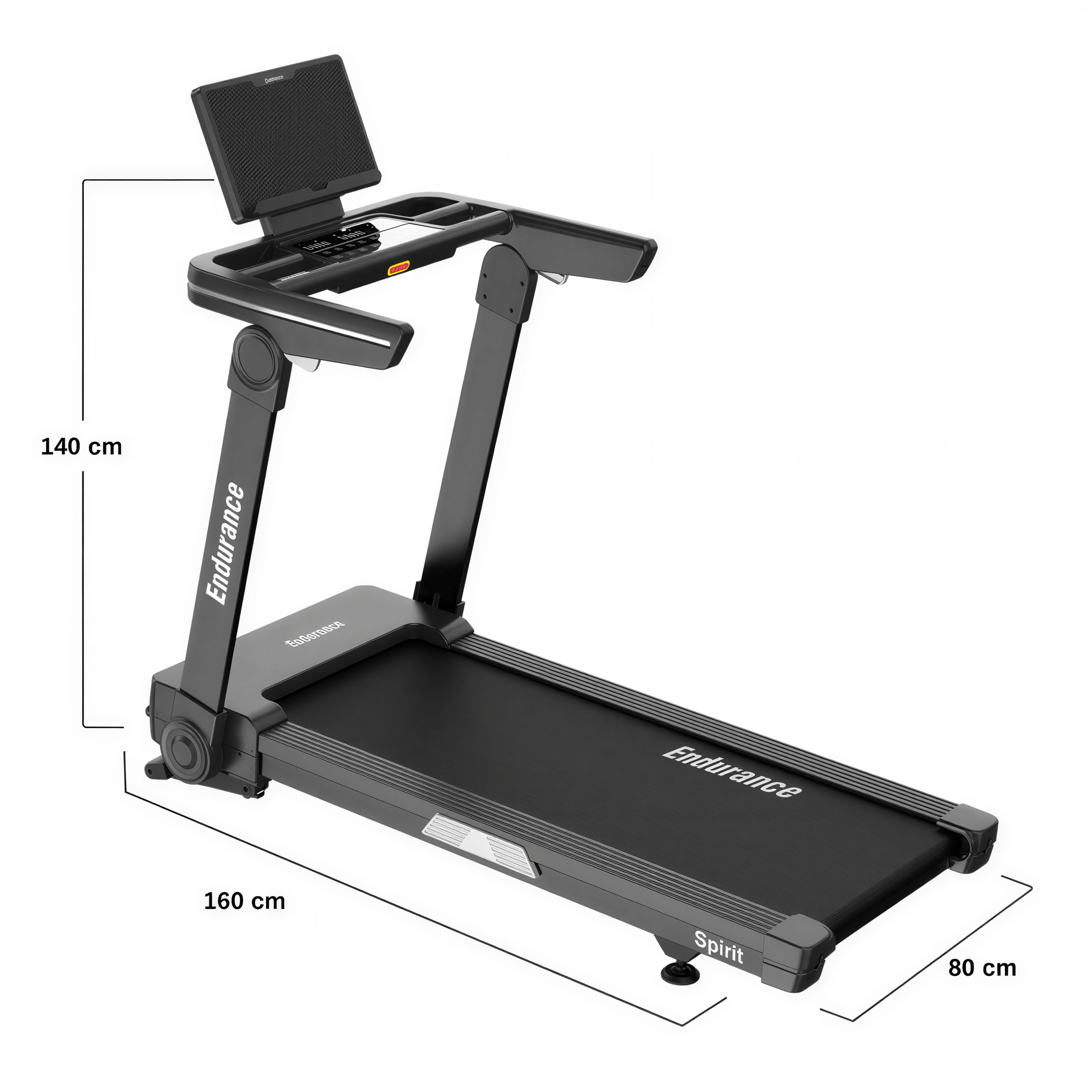 Endurance SPT treadmill with a black frame, digital display, and dimensions of 160 cm by 80 cm by 140 cm.