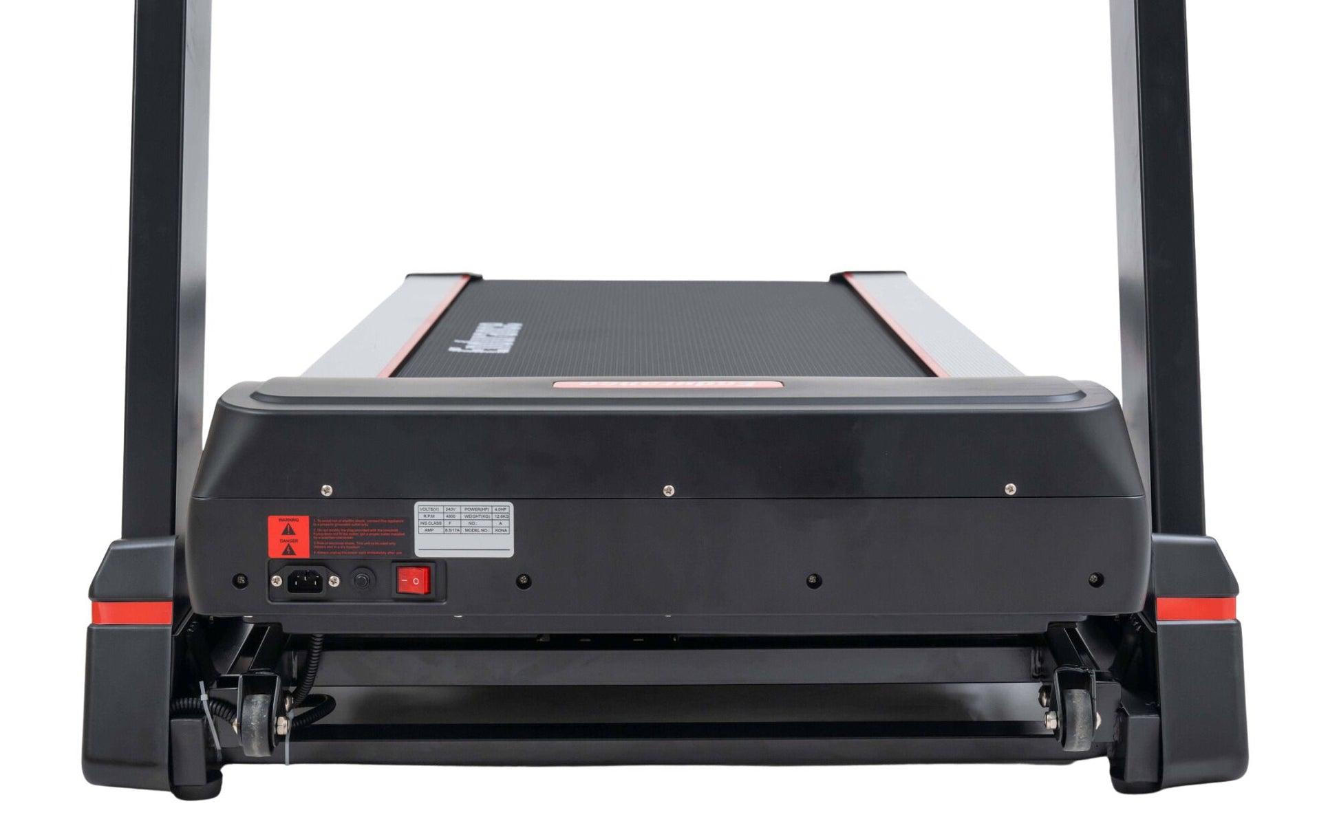 Close up back view of Endurance Kona Commercial Treadmill with power switch, and safety warnings