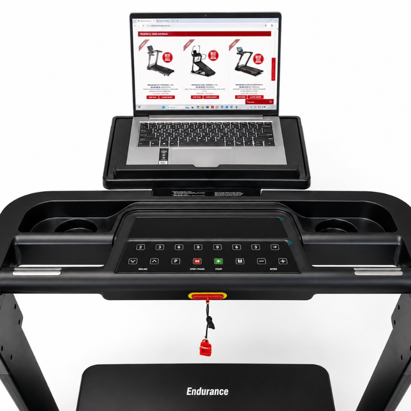 Endurance SPT treadmill with a digital display, laptop holder, and safety key, featuring a sleek black design.