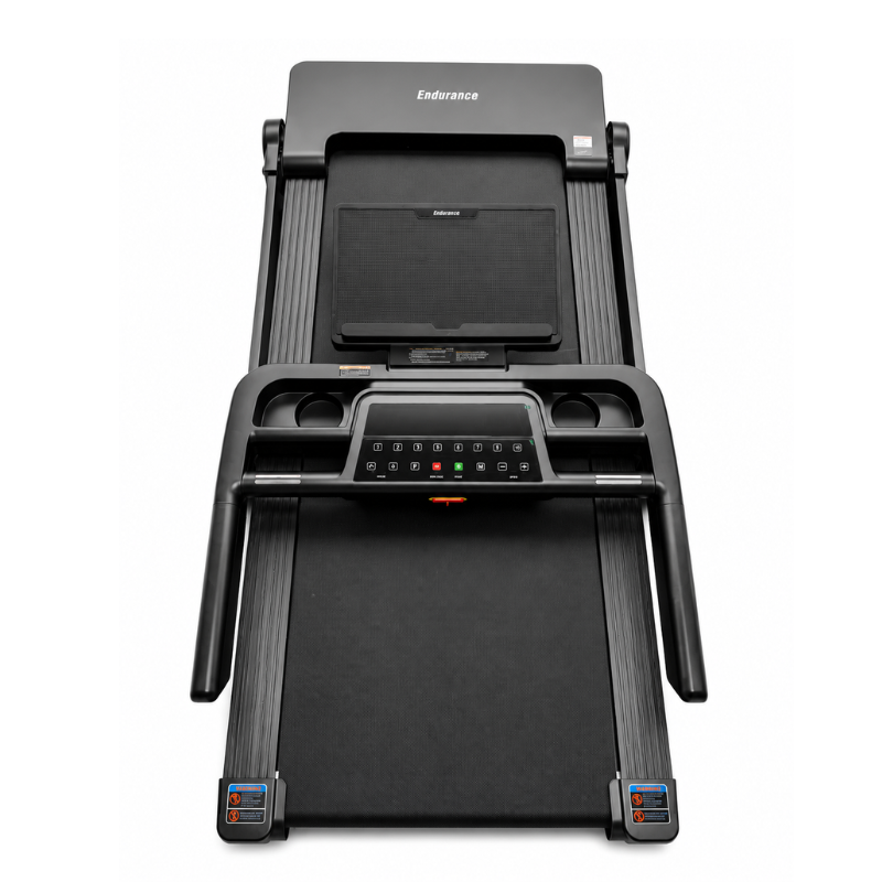 Endurance SPT treadmill with a black frame, control panel, and textured running surface, viewed from above.