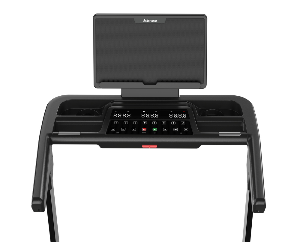 Endurance SPT treadmill with a digital display, speakers, and a tablet holder, featuring a sleek black design.
