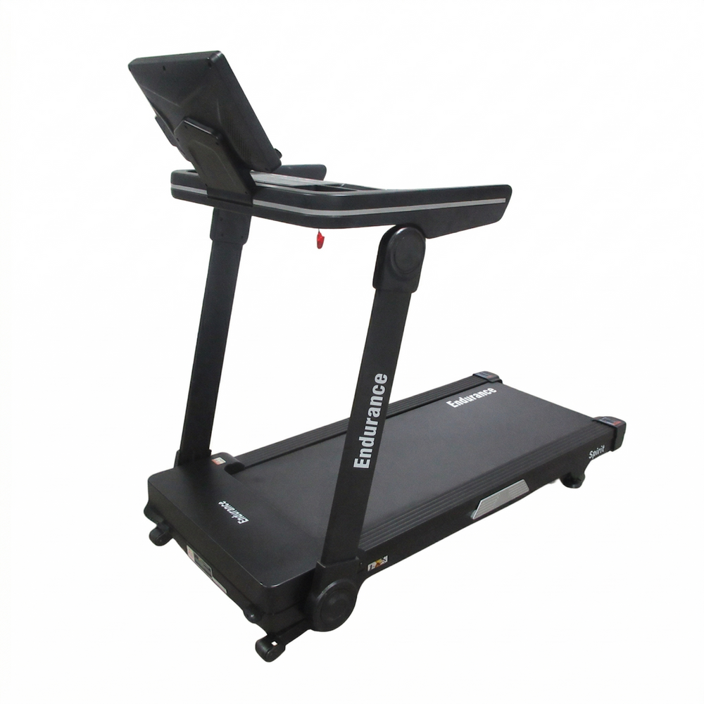 Endurance SPT treadmill with a sleek black design and adjustable console, featuring a safety key and smooth running surface.